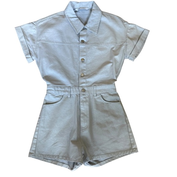 Zara Womens Light Blue Jean  Metallic Shimmer Button Front Romper Size S - Picture 3 of 14